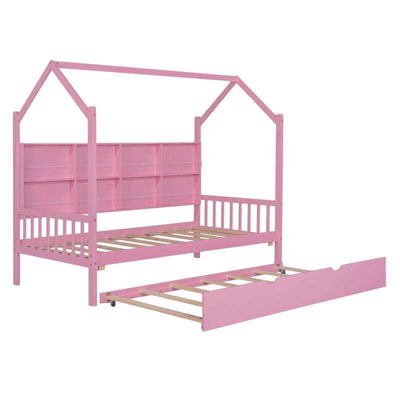 Pine Kids House Platform Bed with Trundle, Shelf, and Roof