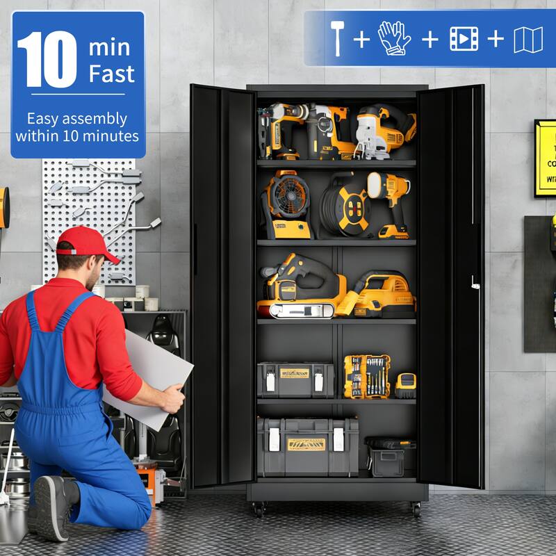 71"H Metal Garage Storage Cabinet with Wheels and Lock, 4 Adjustable Shelves (180lb Each), 3-Point Locking Security