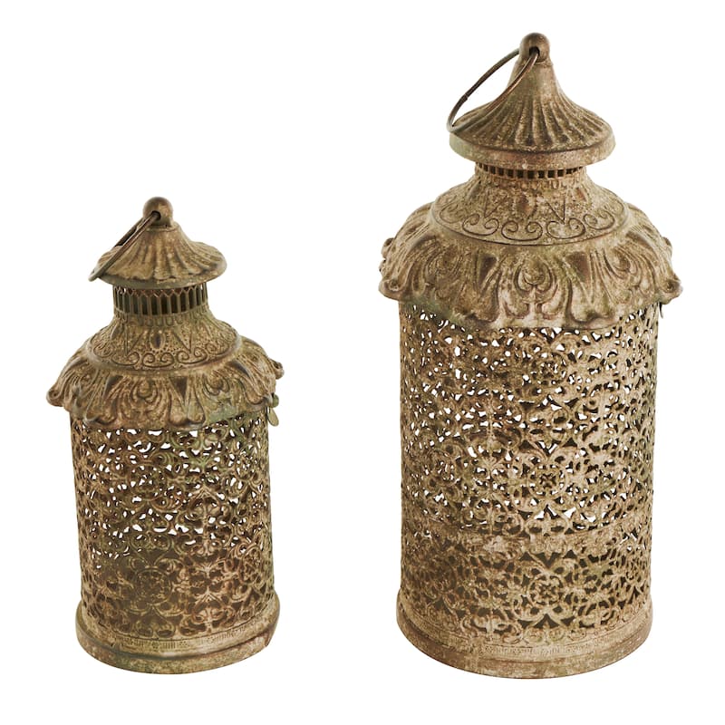Brown Metal Distressed Vintage Inspired Ornate Scroll Candle Lantern (Set of 2)