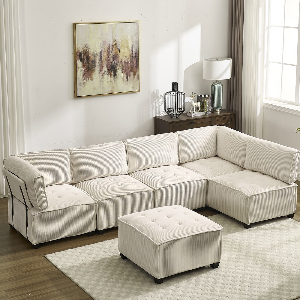 121.26" Corduroy Modular Sectional Sofa 6- Seat U Shaped Couch with Reversible Chaise and Ottoman