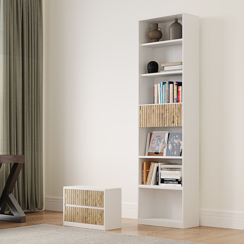 85.8'' Tall Bookcase with Movable Footstool and Open Shelves Storage Drawers