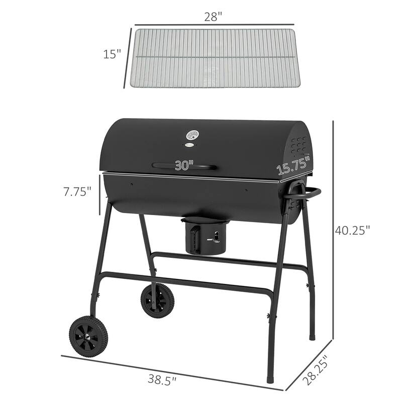 8-Burger Charcoal Grill with Wheels and Warming Rack - 38.5" L x 28.25" W x 40.25" H