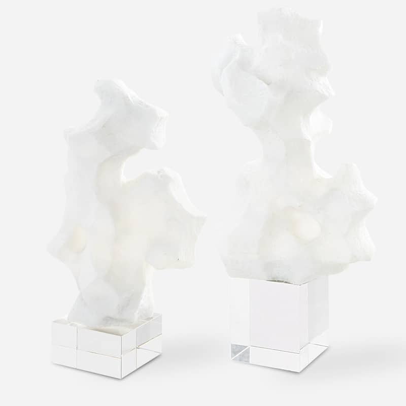 Abstract Stone Sculptures with Crystal Base - 16" - White - Set of 2