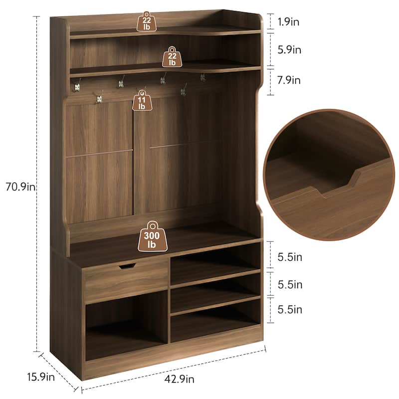 5-in-1 Hall Tree with Bench, Flip Shoe Cabinet, Drawer & 7 Hooks