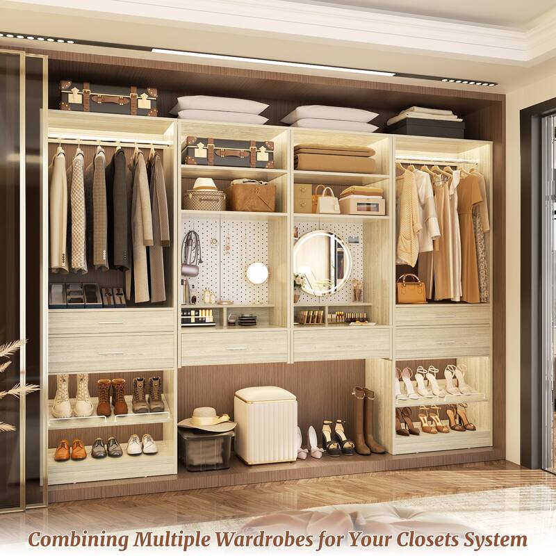Set of 2 Closet System with Hanging Rod and Shoe Rack,Walk-in Closet Organizer with Drawers and Magnetic Pegboard