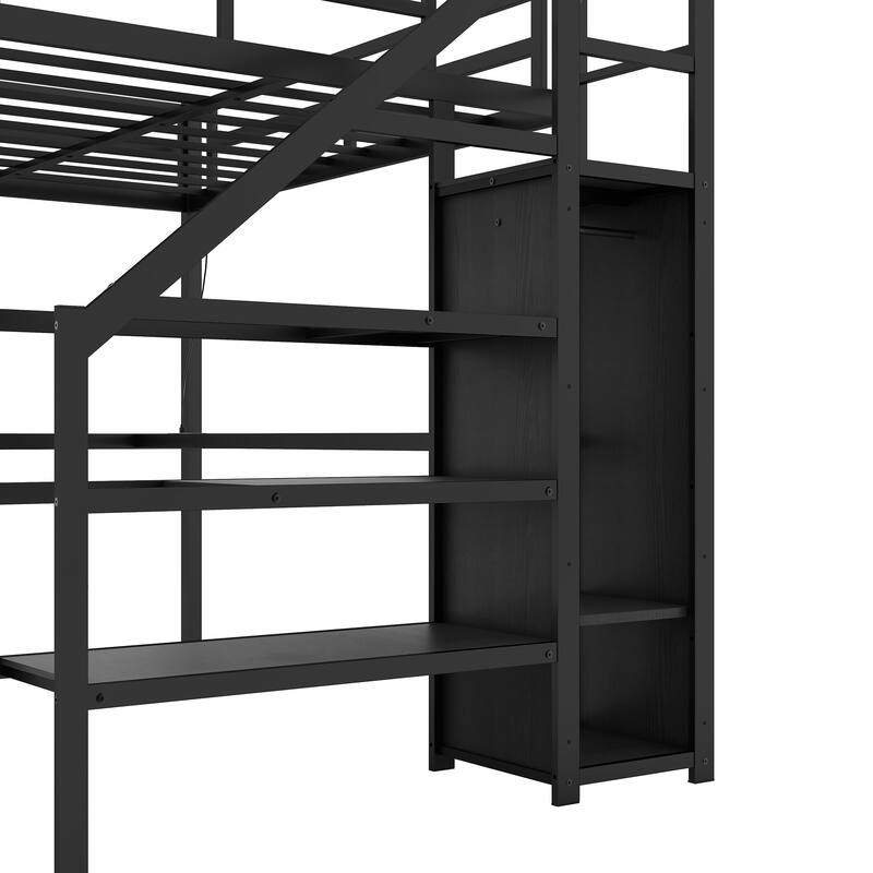Black Full XL Size Metal Loft Bed with L-shaped Desk and USB, Wardrobe and Adjustable Shelf, LED for Kids, Teens, Adults