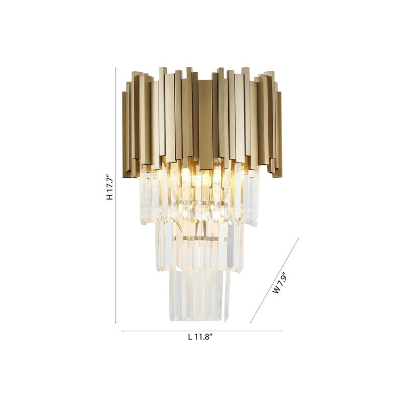 3-Light Brushed Gold Stainless Steel Wall Sconce With Clear Hanging Crystals