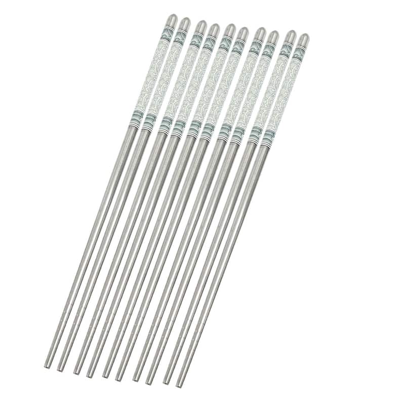 Gray White Flower Pattern Silver Tone Stainless Steel Chopsticks 5 Pairs - Silver Tone, Gray, White - Silver Tone, Gray, White