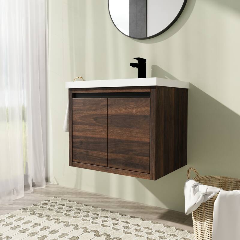 24" Floating Bathroom Vanity with Sink, Wall Mounted Bathroom Vanity with Soft Close Door - Dark Brown