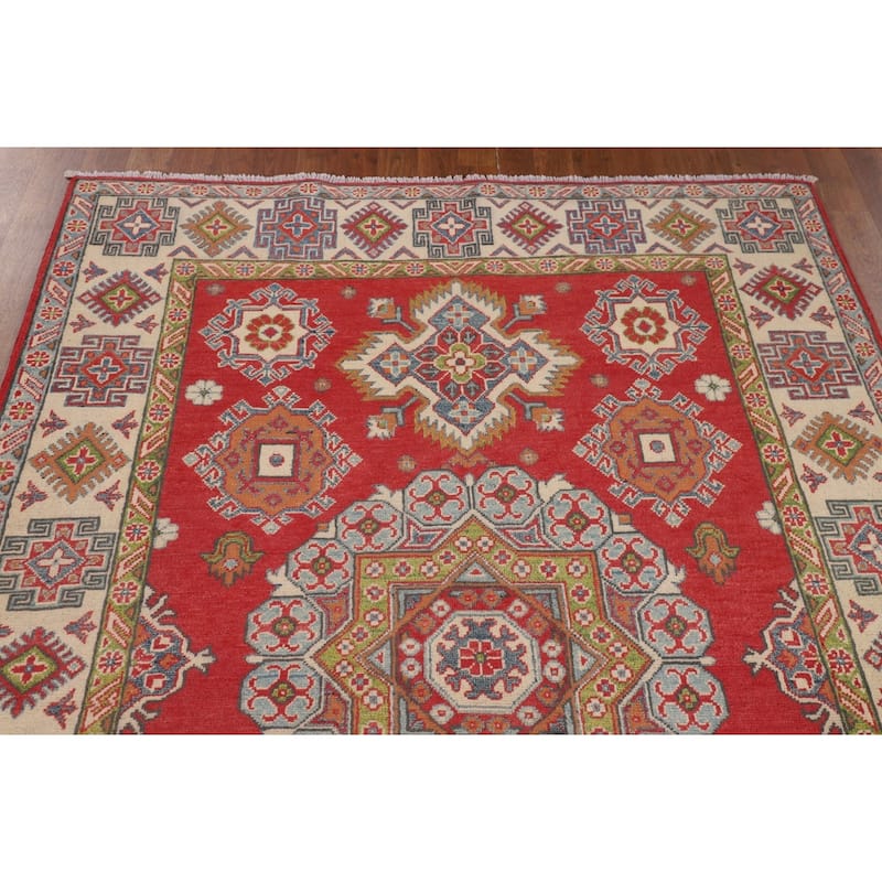 Geometric Kazak Area Rug Handmade Oriental Red Living Room Wool Carpet - 4'11" x 6'8"