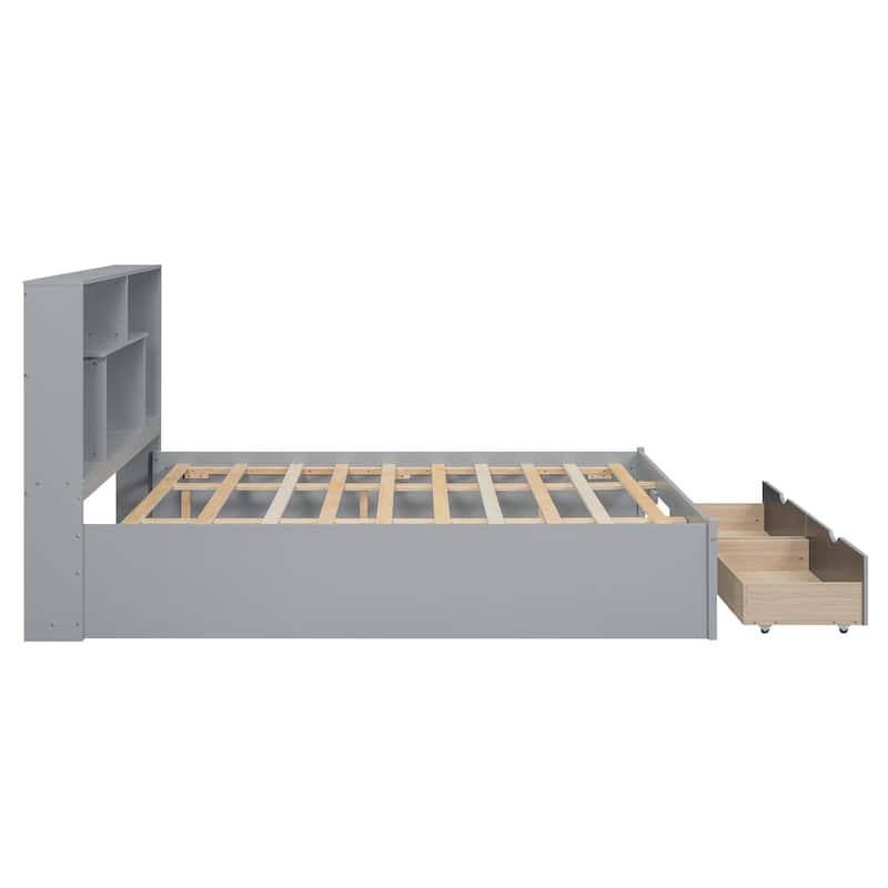 Queen Size Platform Bed with Storage Headboard and 2 Drawers