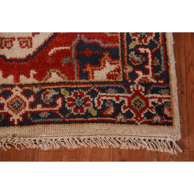 Hand Knotted Oriental 100% Wool Carpet Traditional Geometric Beige & Ivories Heriz (serapi) Runner Rug - 8' 0'' X 2' 5''