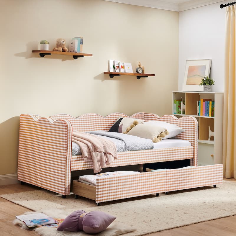 Twin Size Gingham Linen Upholstered Daybed with 2 Storage Drawers, USB Charging Station & Waved Arms
