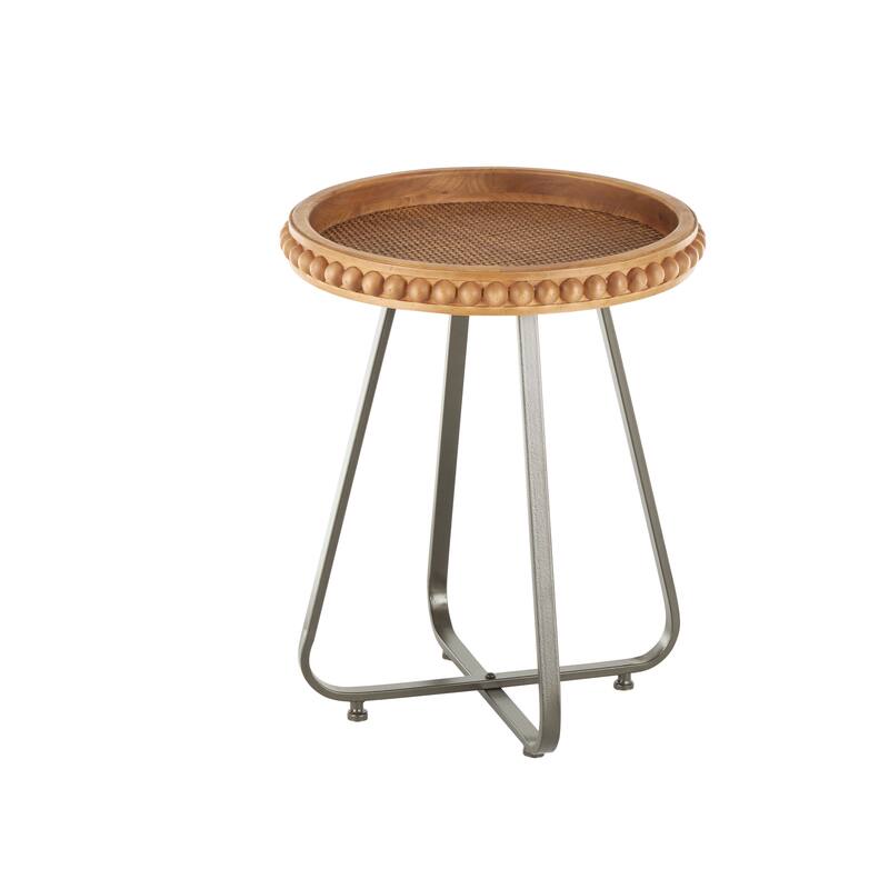 Brown Wood Beaded Side End Accent Table with Rounded Gray Metal Base and Rattan Accent