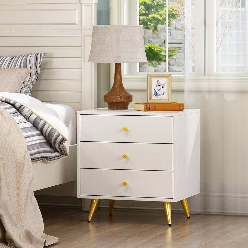 Nightstand Bedside Table 3-Drawer with Metal Legs End Table White - 1 PCS