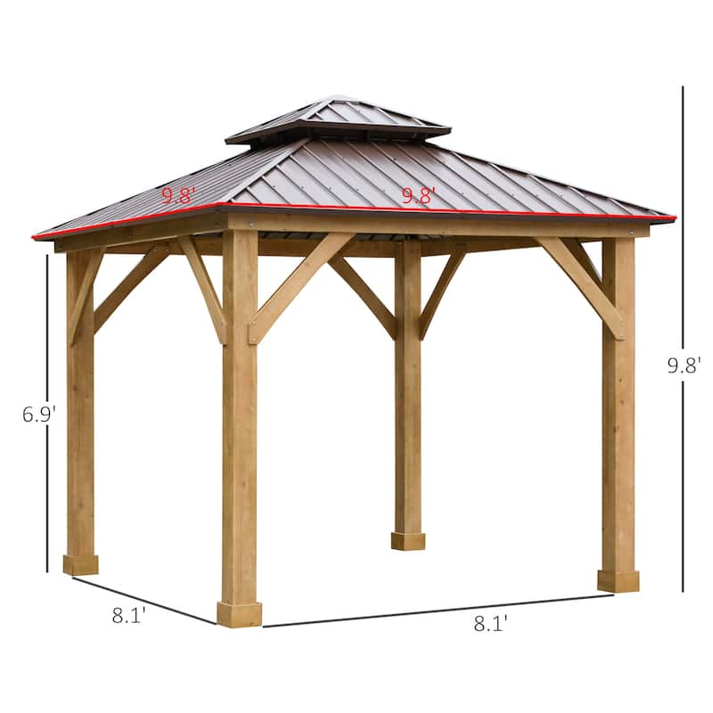 Outsunny 10' x 10' Hardtop Gazebo Canopy Patio Shelter Outdoor with Solid Wood Frame, Steel Double Tier Roof, Brown