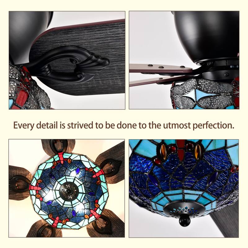 Pluvey 52-Inch Flushmount Lighted Ceiling Fan Blue Red Draginfly Tiffany Glass Lamp Black Finish