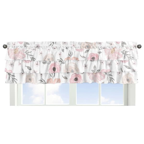 slide 2 of 6, Pink and Grey Watercolor Floral Window Curtain Valance - Blush Gray White Shabby Chic Rose Flower Polka Dot Tiered Ruffled