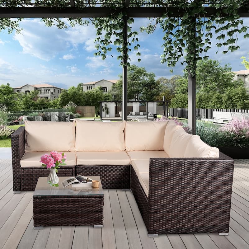 6-Piece Outdoor Rattan Patio Conversation Furniture Set for Backyard, Poolside