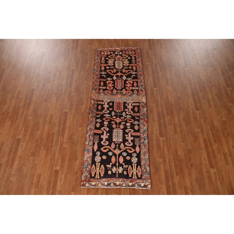Black Tribal Meshkin Persian Vintage Runner Rug Handmade Wool Carpet - 3'2"x 9'3"