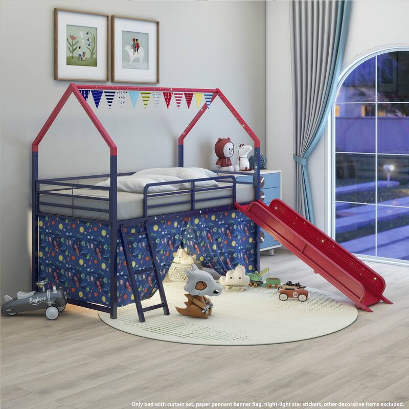 Metal Junior House Twin Loft Bed with Slide and Curtain Set and Pennant Banner Flag and Star Stickers