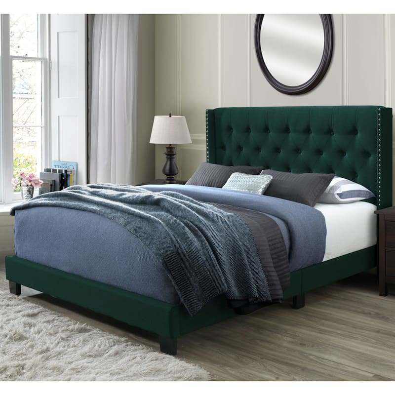 Bardy Upholstered Button-tufted Wingback Bed - Queen or King - Green Velvet - Queen