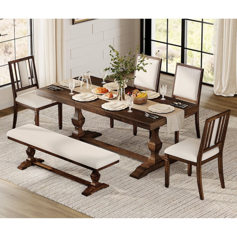 6-pieces Farmhouse Dining Table for 6, 74.8" Kitchen Table Set with 4 Chairs and Bench, Solid Wood Legs and Cushion Seat
