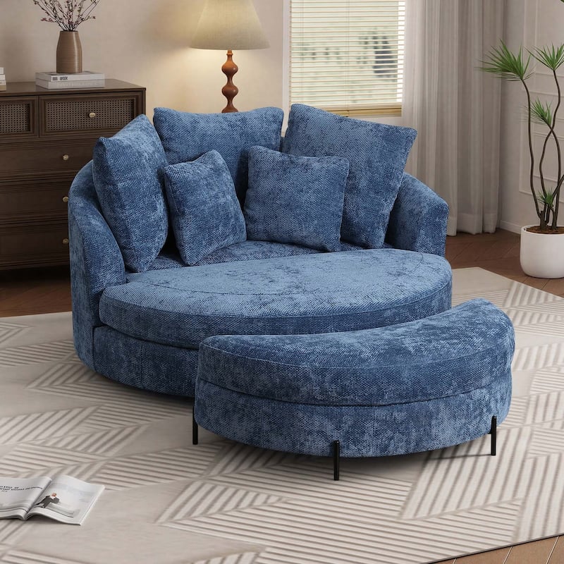 59.8''W Oversized Sofa Chair Set, Round Accent Barrel Chair With 5 Pillows and 1 Storage Ottoman - Set/Blue/Chenille