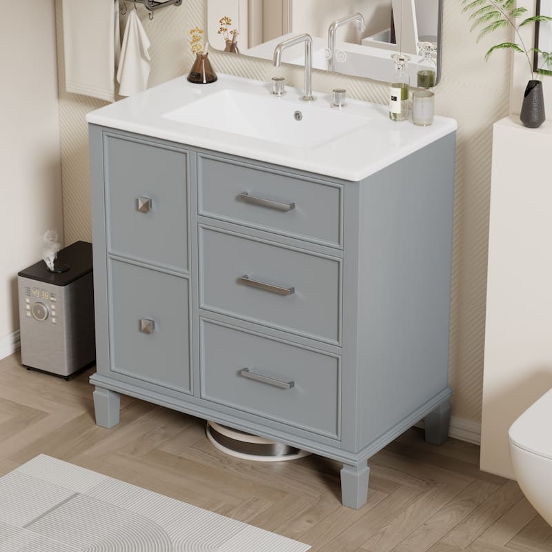 Classic 30-Inch Bathroom Vanity Set‌ - White Painted MDF Cabinet with Ceramic Sink & Flip-Out Plumbing Drawer. - Grey