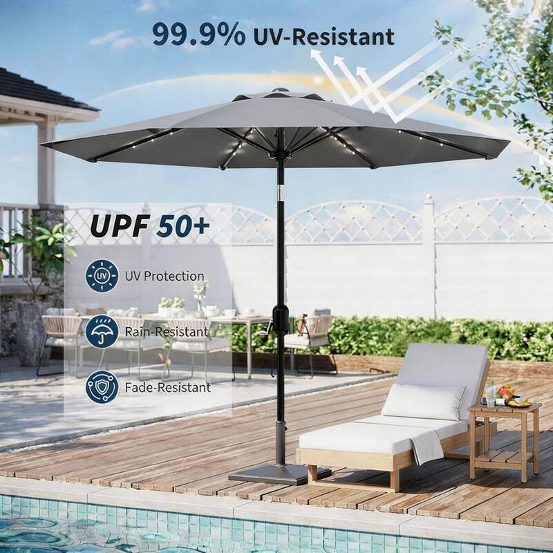 9 ft Patio Umbrella, 8 Sturdy Ribs, with Lights