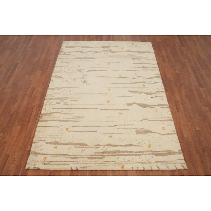 Hand Knotted Oriental 100% Wool Carpet Tribal Modern Beige & Ivories Gabbeh Area Rug - 7' 7'' X 5' 4''