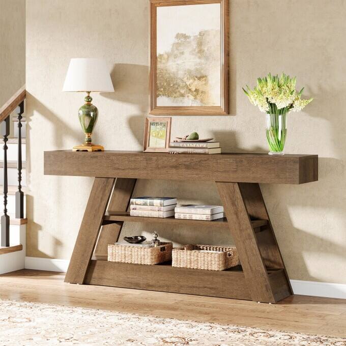 63-Inch Console Table, Wooden Entryway Table with Storage Shelves