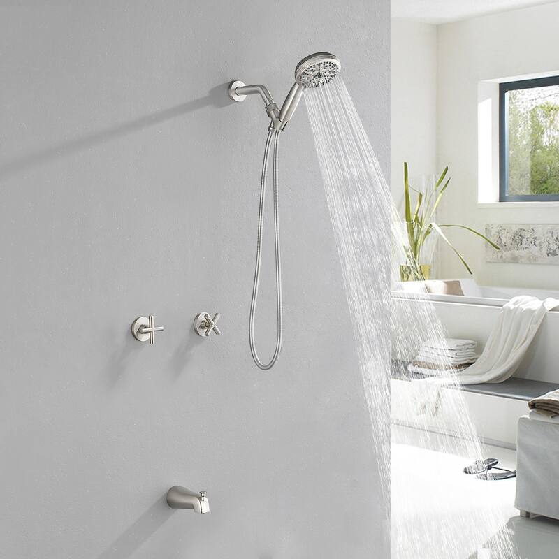 Wall Mount Shower Faucet with Tub Spout Brass 10-Setting Spray Complete Shower System with Rough-in Valve