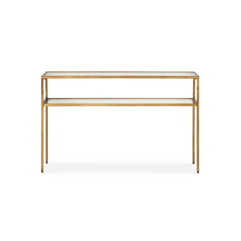 Ted Sofa Console Table w Open Shelf, 48 Inch Glass Top, Gold Iron