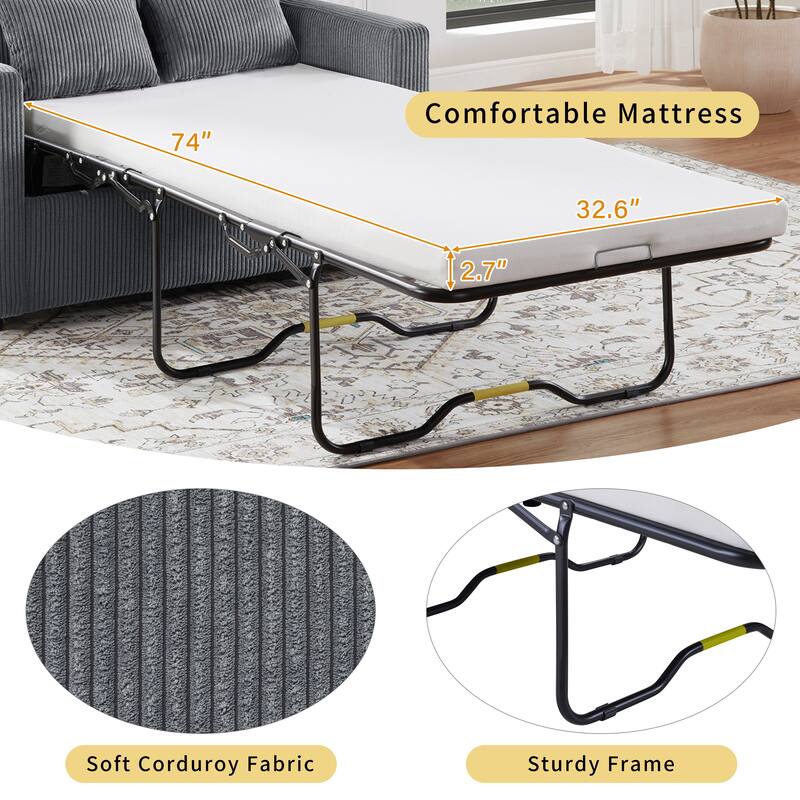 47.2" Corduroy Twin Sleeper Sofa with Foldable Mattress, Side Table, USB Ports, and Storage Pocket