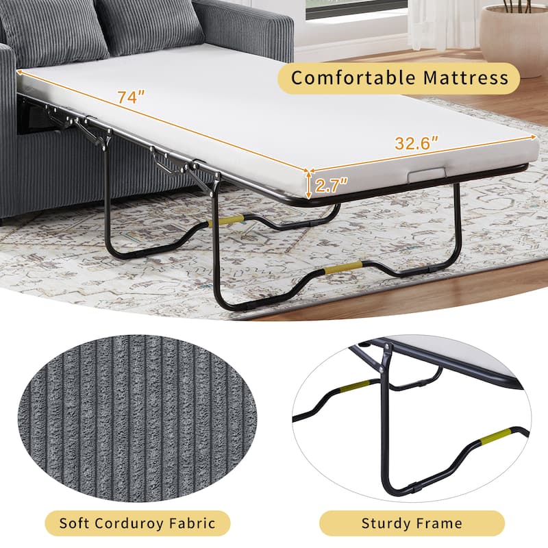 Roomfitters Twin Sofa Bed with Foldable Mattress, Side Table, Storage Pocket and USB Ports for Living Room