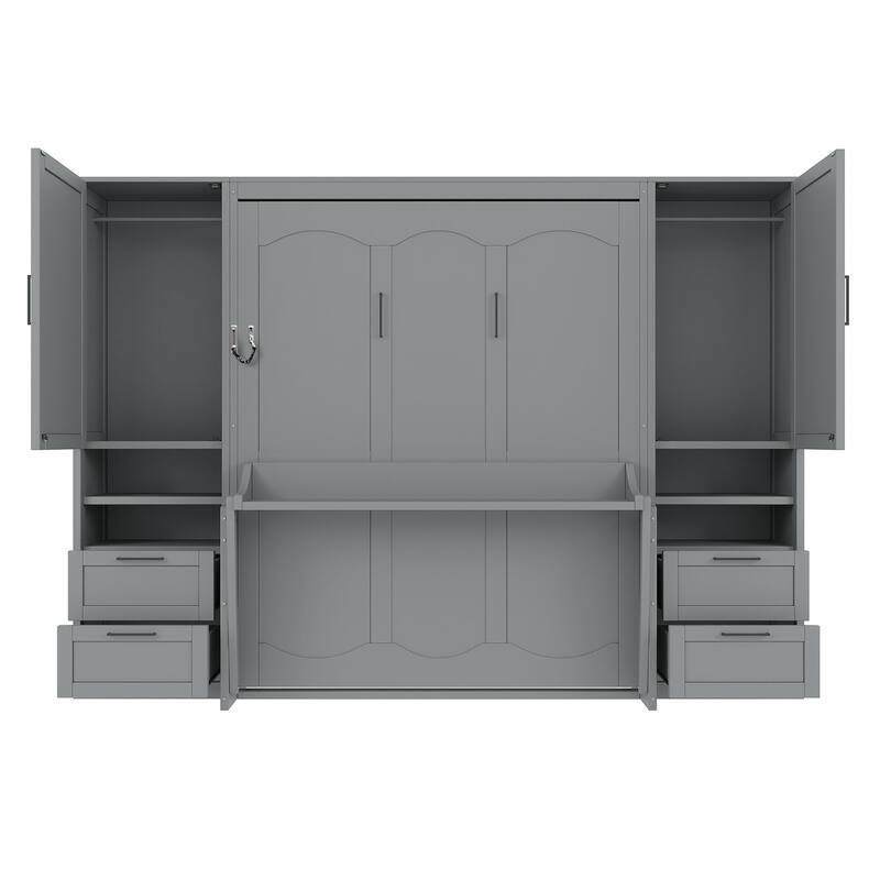 Foldable Bed Frame Wooden Murphy Bed Queen Size Wall Bed Cabinet with Wardrobe and Storage Drawers for Bedroom or Guest Room