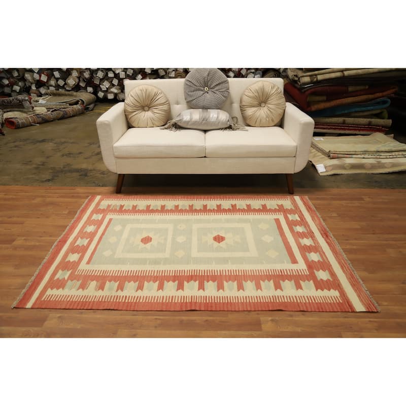 Hand Woven Oriental 100% Wool Carpet Southwestern Tribal Green Kilim Area Rug - 5' 9'' X 4' 2''