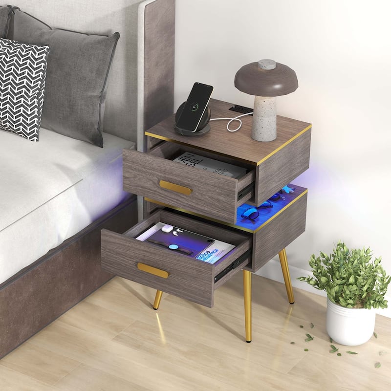 Costway 1/2 PCS Nightstand with Charging Station Bedside Sofa Side