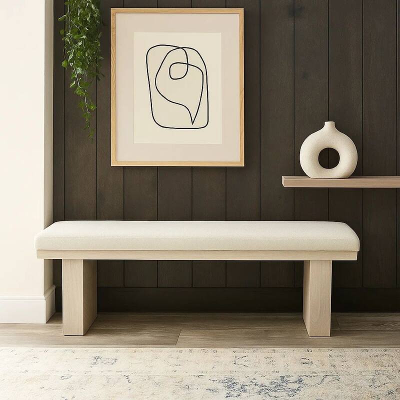 Hagy Dining Bench, 59 Inch, Panel Rubberwood Base, White Fabric Padded Seat