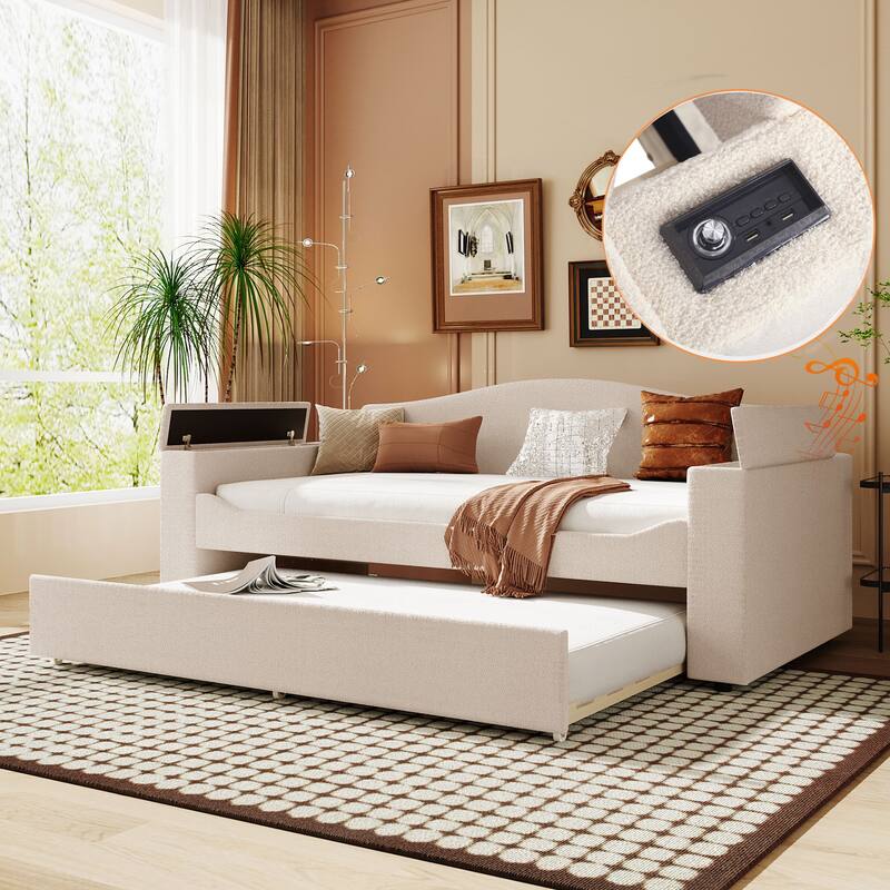 Twin Size Upholstered Daybed with Storage Armrests