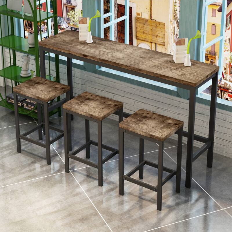 Counter Height Extra Long Dining Table Set with 3 Stools Pub Kitchen Set Side Table with Footrest