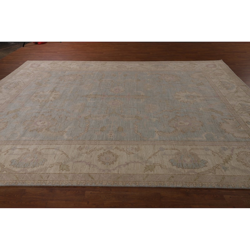 Floral Blue Oushak Turkish Area Rug Hand-Knotted Wool Carpet - 9'0"x 12'1"