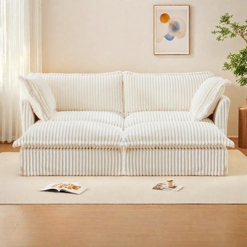83.4" Corduroy 2-Seater Sofa Set with 2 Ottomans & Sleeper Function and Removable Slipcovers