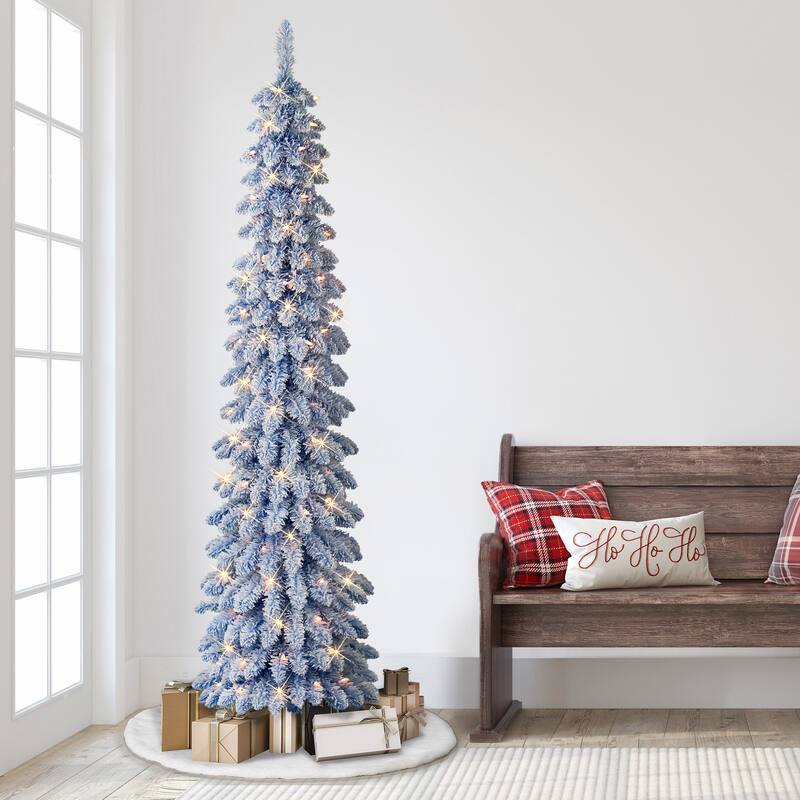Puleo International 7 ft. Pre-Lit Flocked Blue Artificial Alpine Pencil Tree
