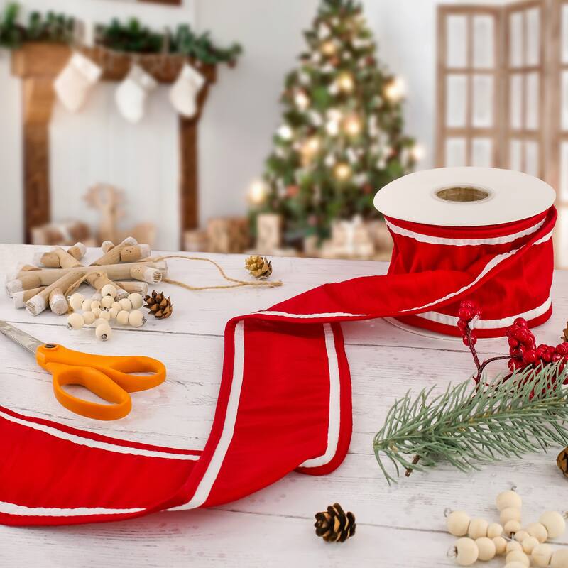HGTV Home Collection Dupion Double Side Piping Ribbon , Red White, 3 in - 3 in
