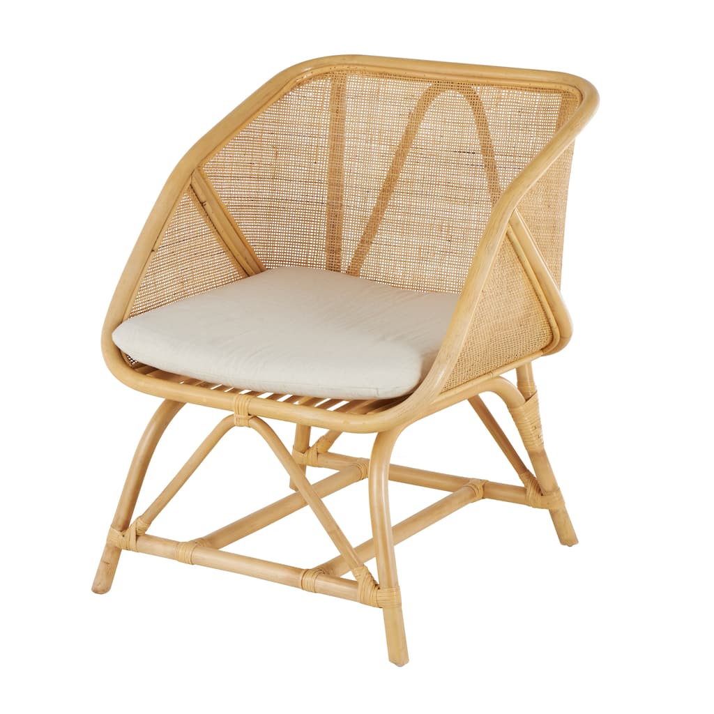 Rattan Woven Squared Accent Chair with White Fabric Cushion - Light Brown - Roche River Decor