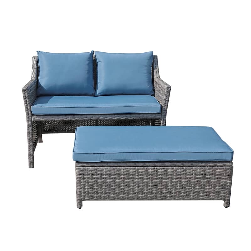 2-Piece Outdoor Patio Furniture Wicker Loveseat and Storage Ottoman