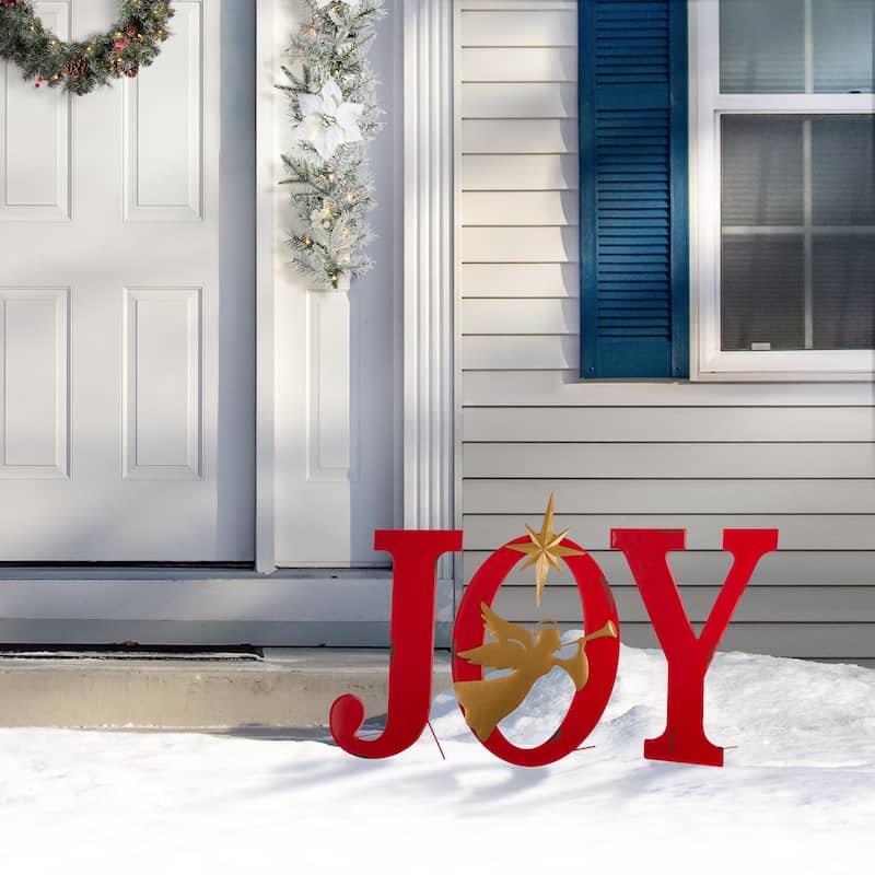 Glitzhome Christmas Metal JOY HOPE Sign Snowmen Yard Stake Wall Sign Standing Decor
