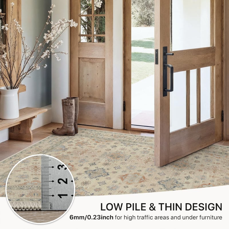 Mcow Faded Floral Vintage Collection Low-Pile Machine-Washable Area Rug